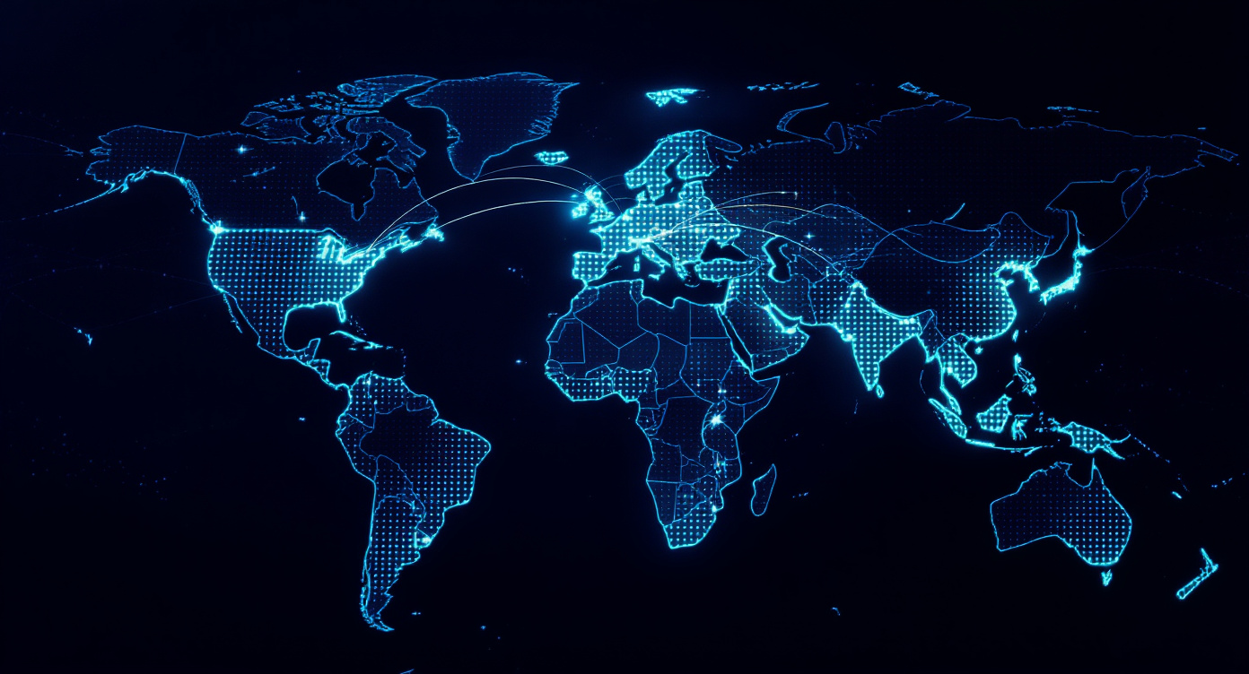 Glowing world map showing global collaboration routes